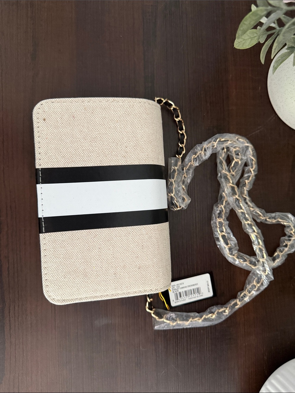 bebe Beige Canvas Crossbody with Black Stripe and Gold Chain - Picture 2 of 7